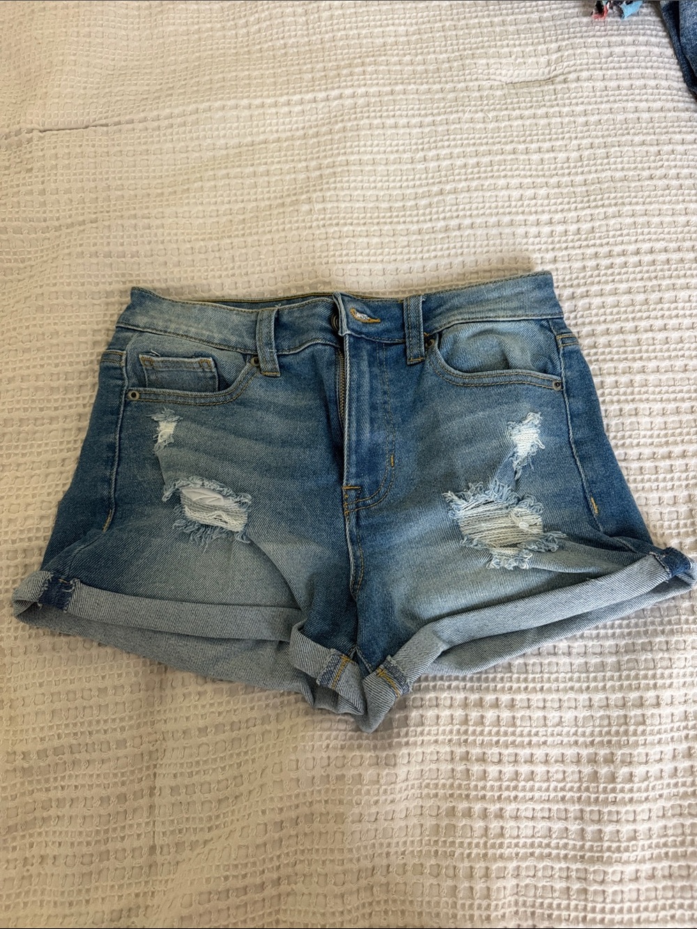 Celebrity Pink Medium Wash Distressed Rolled-Hem Denim Shorts